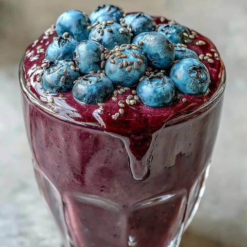 Probiotic Kefir Smoothie: creamy, vibrant blueberry swirl with flaxseed for breakfast.