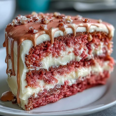 Delicate rosé velvet cake with creamy frosting and glistening gold accent.