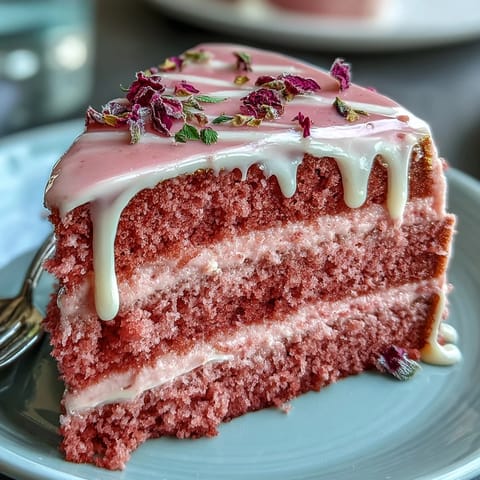 Elegant Bridal Shower Rosé Velvet Cake with shimmering gold drip, a festive dessert.