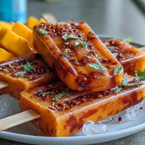 Close-up of icy mango popsicles glistening with chamoy and red Tajin seasoning.
