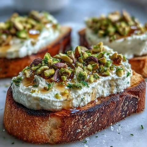 Whipped Ricotta Toast with Honey and Pistachios: creamy spread on golden toast, drizzled with honey.