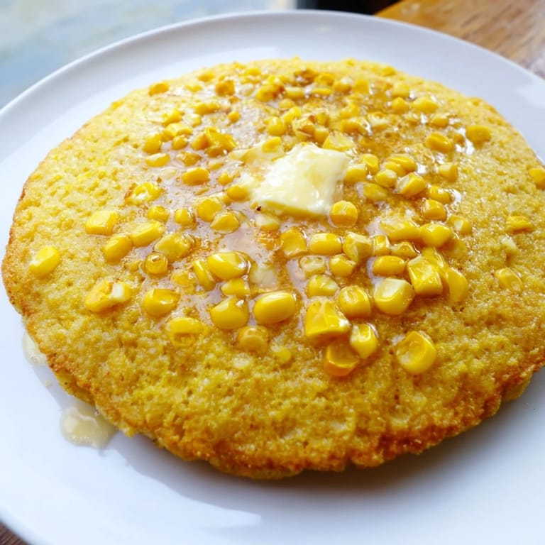 A close-up of freshly cooked corn flapjacks, showing their slightly crispy edges and golden surface, ready to eat.