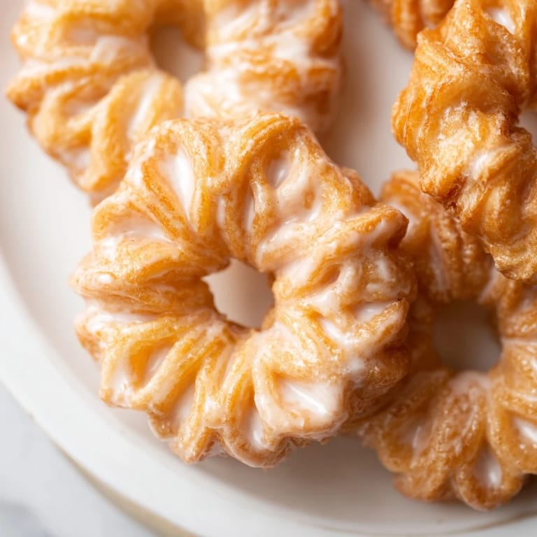 Freshly fried French crullers, a dessert treat, are beautifully twisted and coated in sweet glaze.