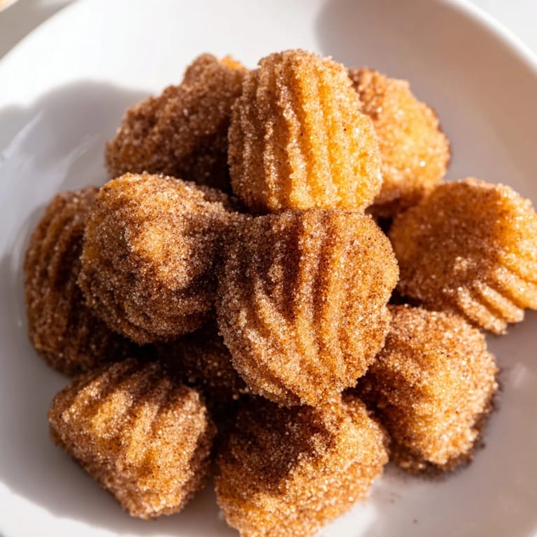 A plate of freshly fried churro bites, warm and coated with fragrant cinnamon-sugar.