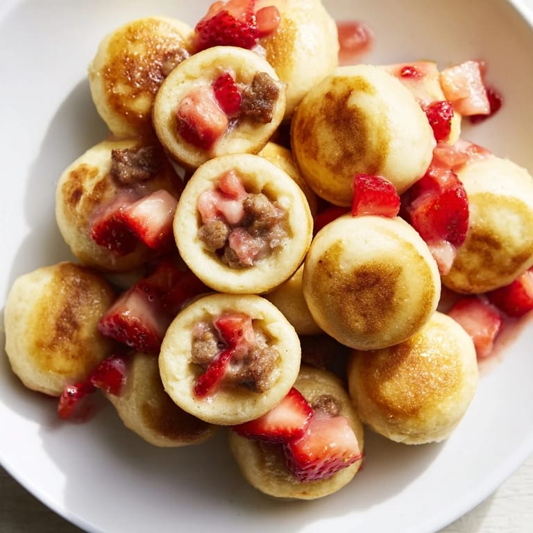 Perfectly round pancake bites feature a golden exterior, promising a delicious mix of sweet and savory flavors.