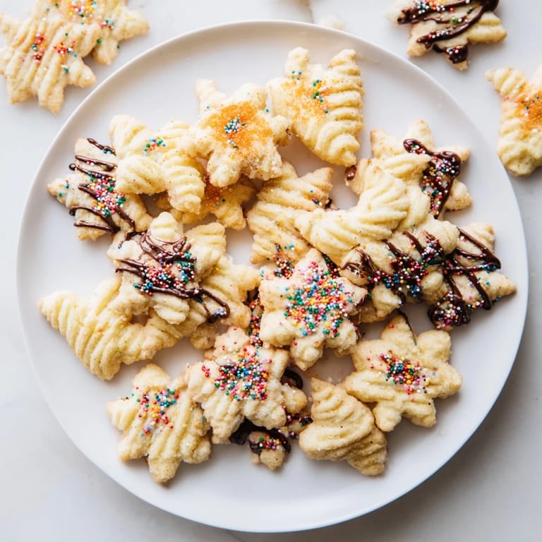 Butter-flavored Spritz Cookies, beautifully pressed and sprinkled, a delightful treat for any occasion.