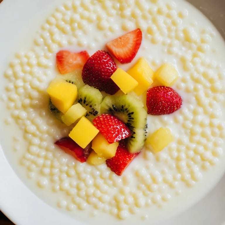 Homemade tapioca pudding, a classic dessert with vanilla, served cold and beautifully garnished.