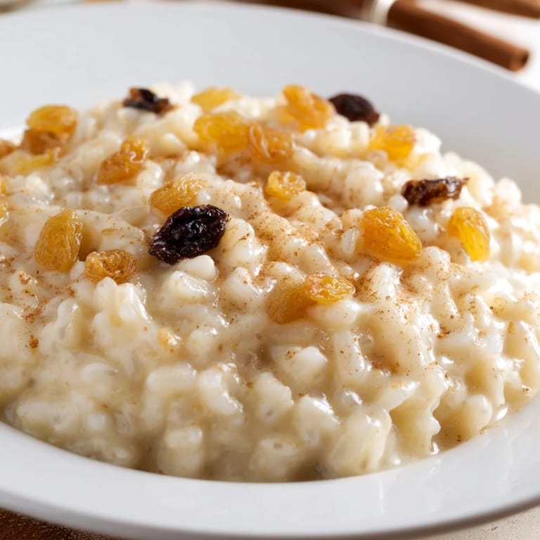 Warm, comforting rice pudding served in a bowl, a classic dessert with a sweet aroma.