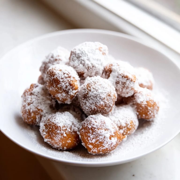 Freshly fried doughnut holes, a mountain of sweet, pillowy dough treats dusted with powdered sugar.