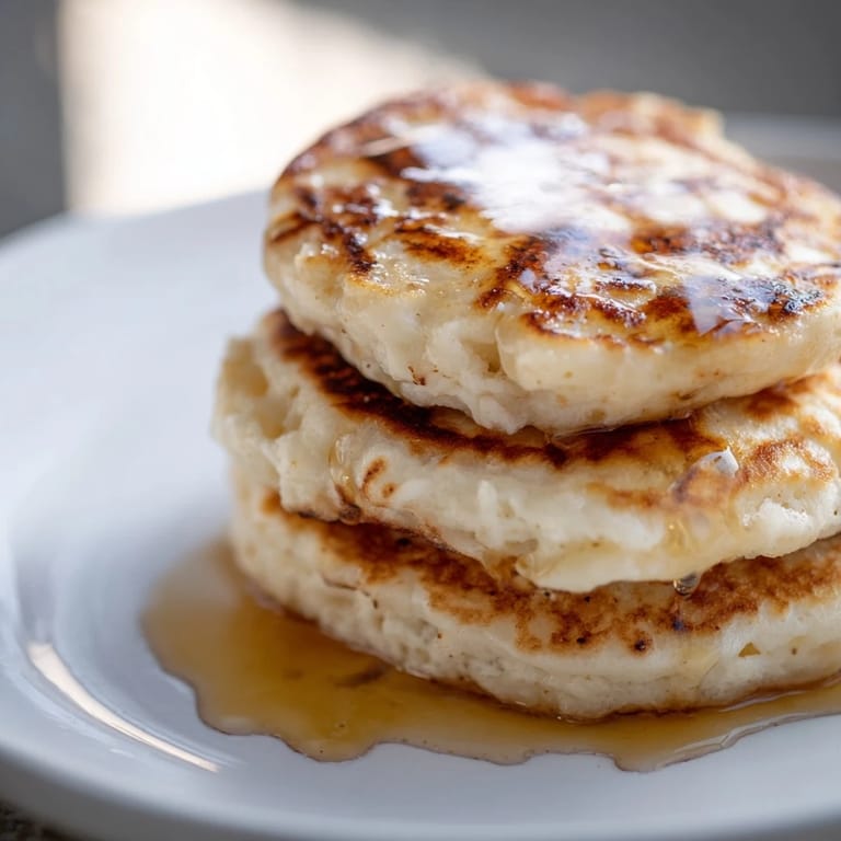 Fluffy cottage cheese pancakes with visible air bubbles and berries arranged for a delicious brunch.