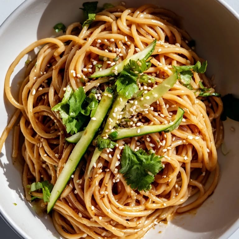 A vibrant vegetarian sesame noodle salad with wheat noodles, soy-chili dressing, and fresh herbs for a light dinner.