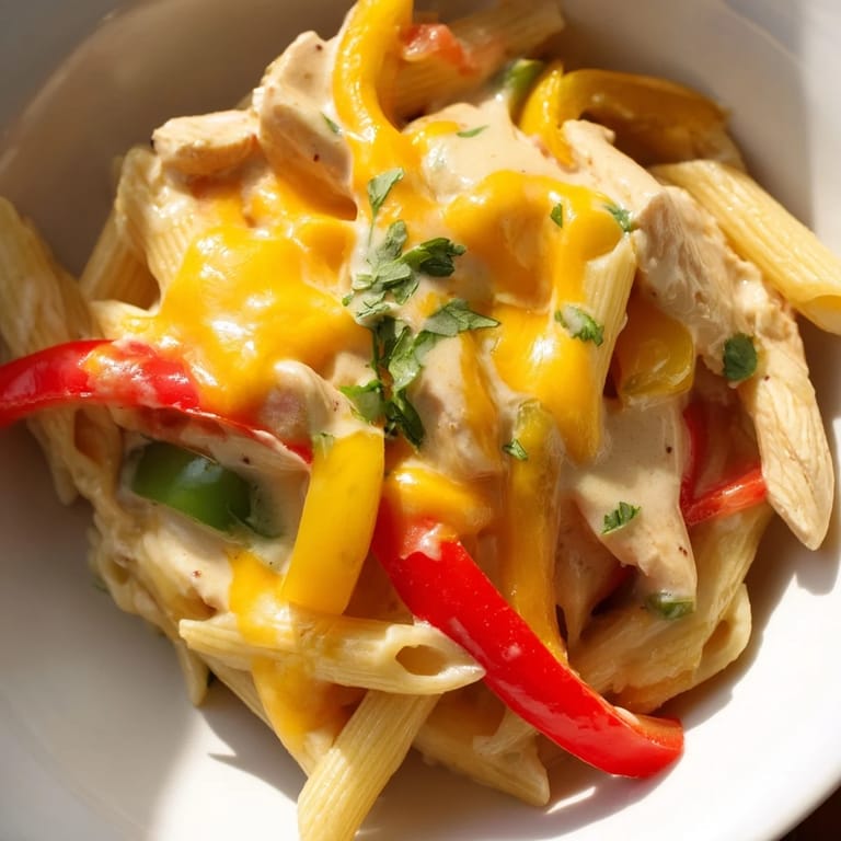 Freshly cooked Chicken Fajita Pasta in a skillet, featuring tender chicken strips, sautéed peppers, onions, and zesty seasonings, ready for a weeknight dinner.