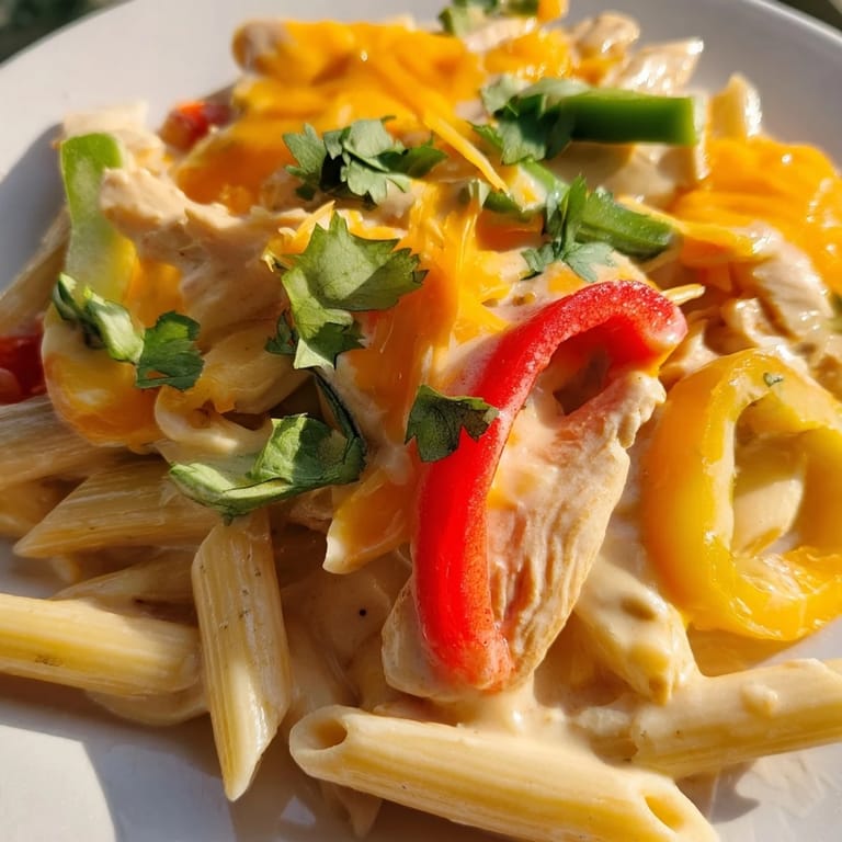 A close-up of a vibrant Chicken Fajita Pasta skillet dish, topped with melted cheese, chopped cilantro, and a squeeze of fresh lime for a Tex-Mex flavor.