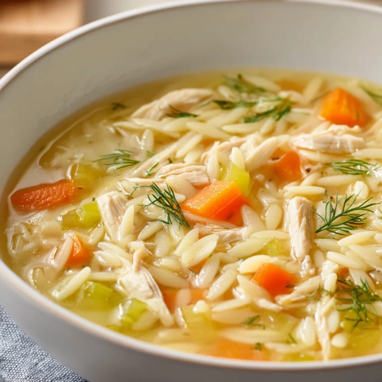 Homemade Chicken Lemon Orzo Soup served hot in a rustic bowl, garnished with fresh parsley and a lemon wedge.