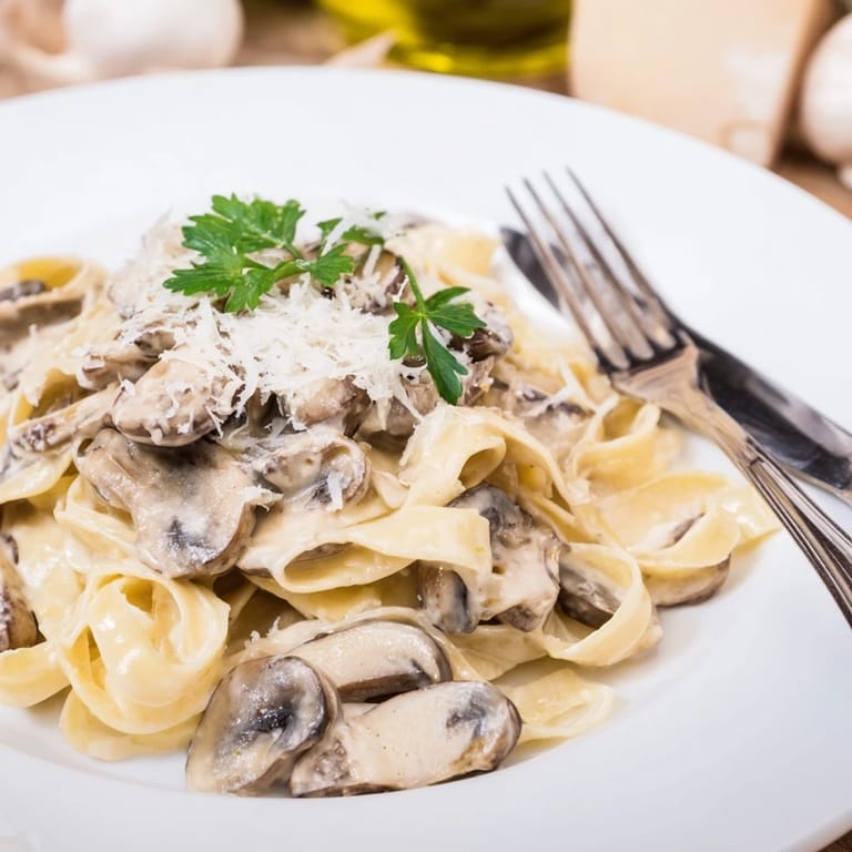 Freshly grated Parmesan and nutmeg create a silky sauce for this Creamy Mushroom Alfredo, with sautéed mushrooms and tender fettuccine served steaming and inviting.