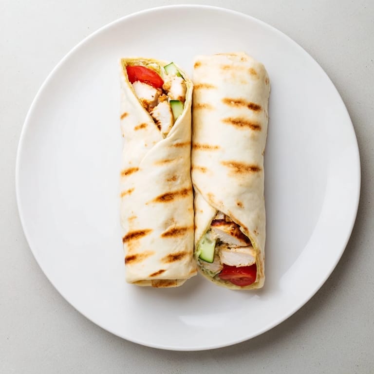 Greek Chicken Wrap sliced in half to show juicy grilled chicken, creamy tzatziki, and crisp veggies on soft pita bread.