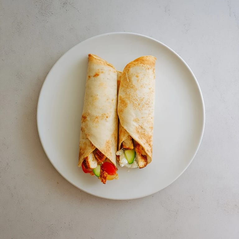 Stack of Greek Chicken Wraps served with lemon wedges and a side salad, perfect for a Mediterranean-inspired lunch.