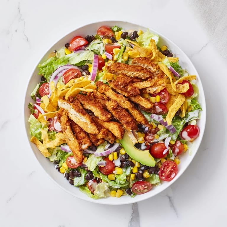 A close-up view of a hearty Crispy Chicken Taco Salad featuring diced avocado, shredded cheddar, and crunchy tortilla strips.  