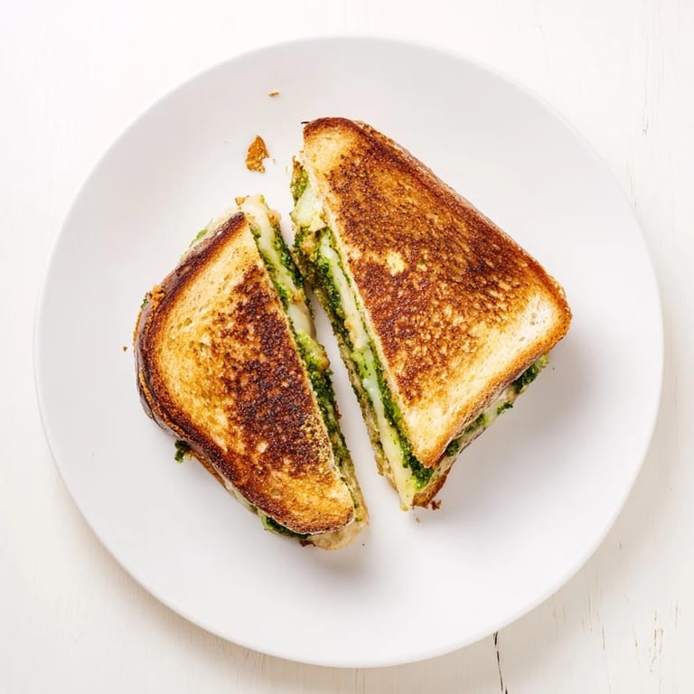 Two halves of a golden spinach pesto grilled cheese sandwich resting on a white plate, showing gooey melted cheese pull.