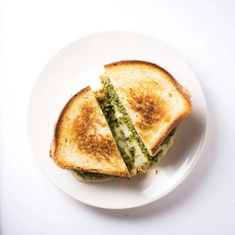 Homemade spinach pesto grilled cheese recipe with melted cheddar, fresh spinach leaves, and a side of tomato soup.