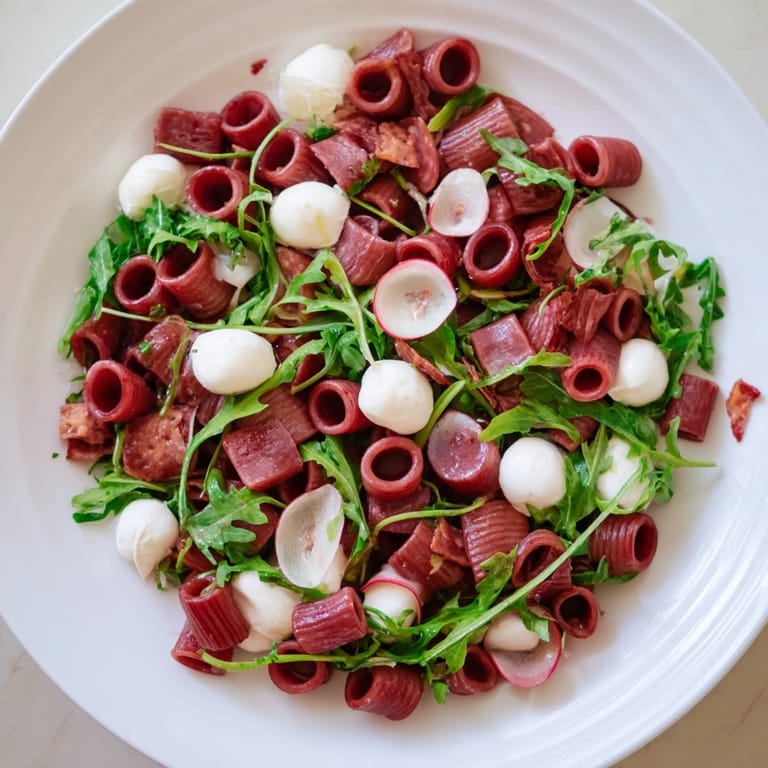 Close-up of Spring Antipasto Pasta Salad with vibrant cherry tomatoes, red onion, and zesty dressing.  