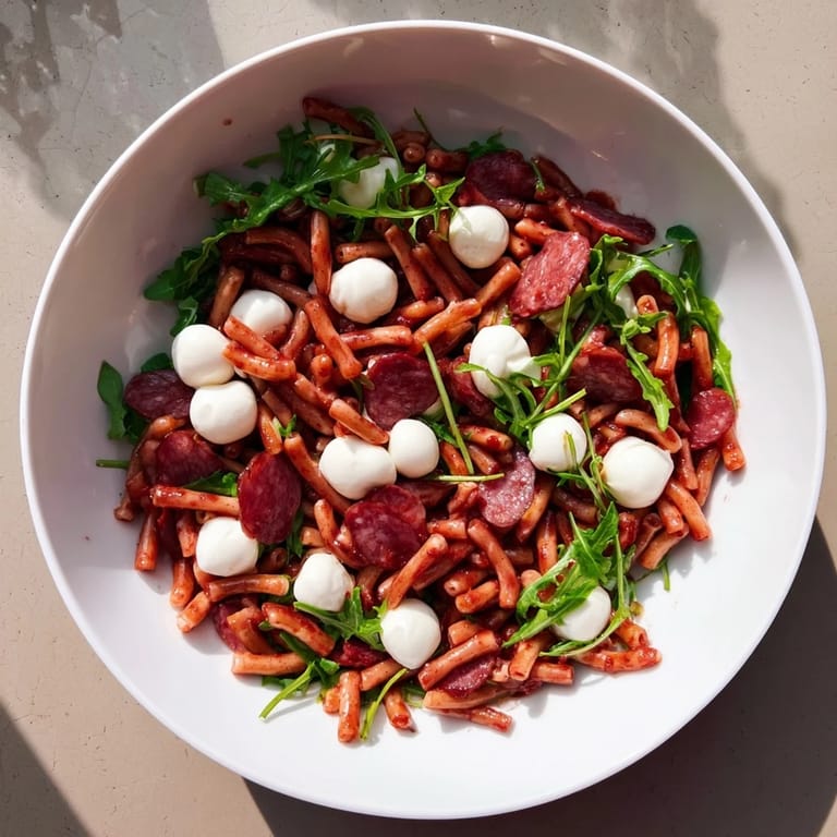Spring Antipasto Pasta Salad served chilled, topped with peppery greens and savory Italian meats.