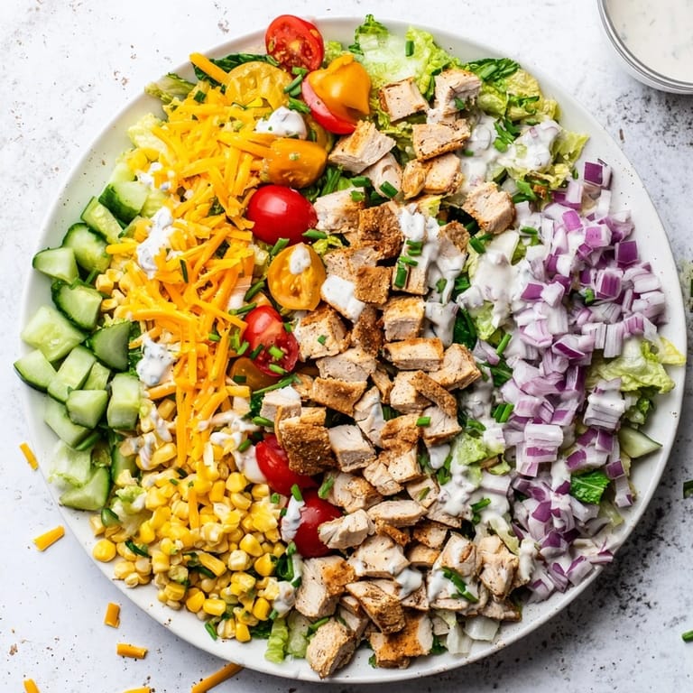 Ranch Chicken Chopped Salad is tossed in creamy Greek yogurt ranch dressing and topped with sharp cheddar.