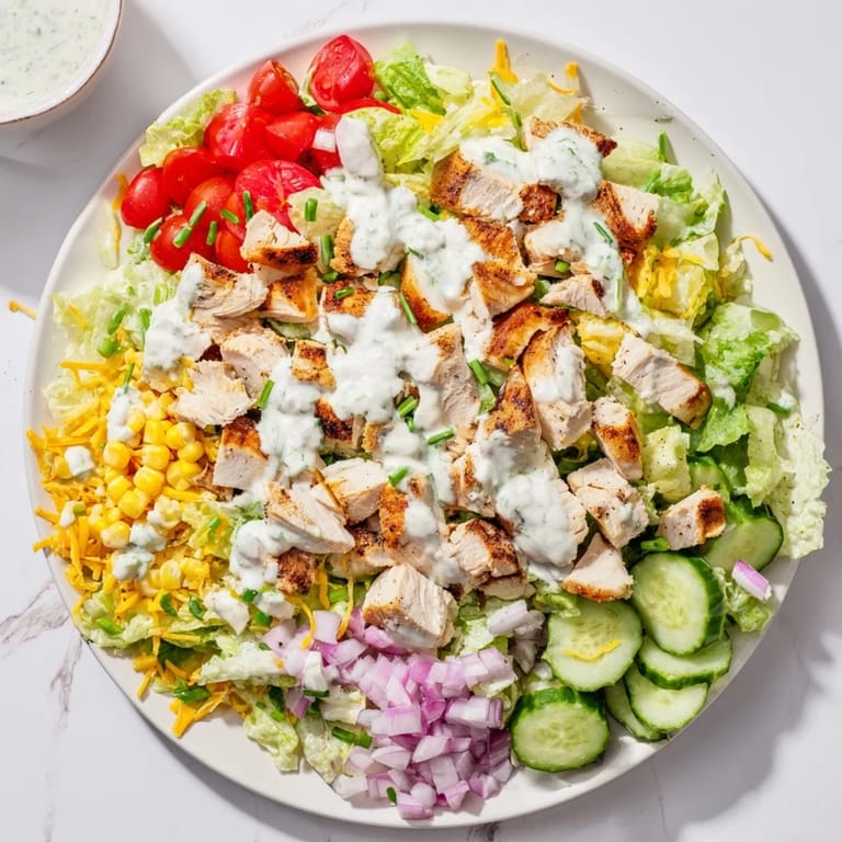 Overhead view of Ranch Chicken Chopped Salad with fresh chives and cucumber, served in a white bowl.