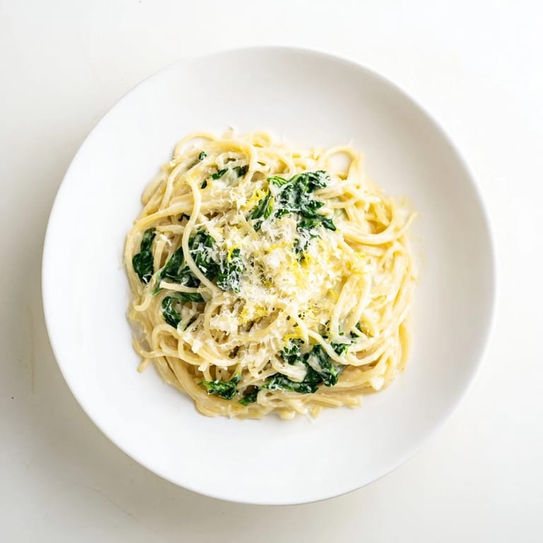 Twirling forkfuls of Creamy Lemon Spinach Spaghetti with wilted spinach in a rich, tangy lemon cream sauce.  