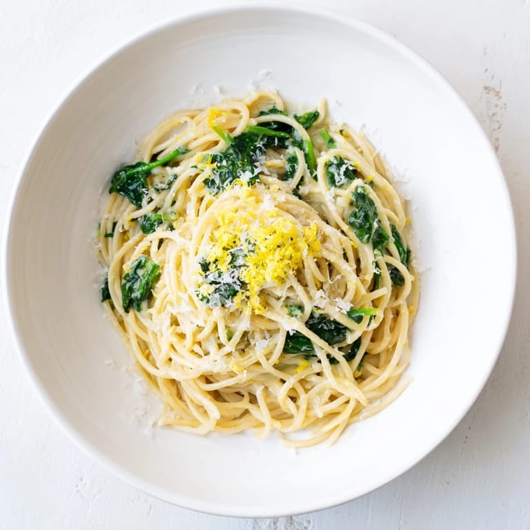 Plate of vegetarian Creamy Lemon Spinach Spaghetti, a quick 25-minute dinner with bright lemon and cheese.