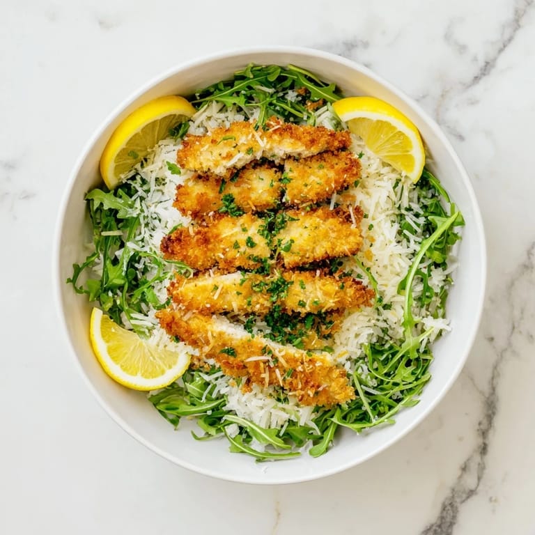 Golden-brown Crispy Parmesan Chicken Cutlet Bowl served on a bed of fluffy rice with fresh arugula, lemon wedges, and a light drizzle.
