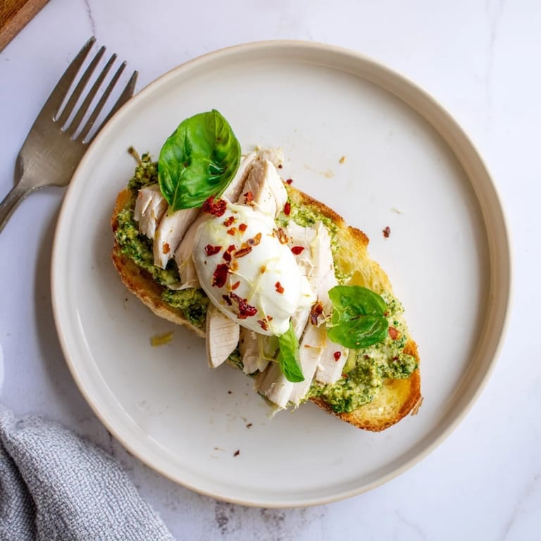 An open-faced Pesto Chicken Burrata Toast on golden sourdough, featuring savory chicken, rich burrata, vibrant pesto, and a garnish of fresh basil for a perfect light meal.