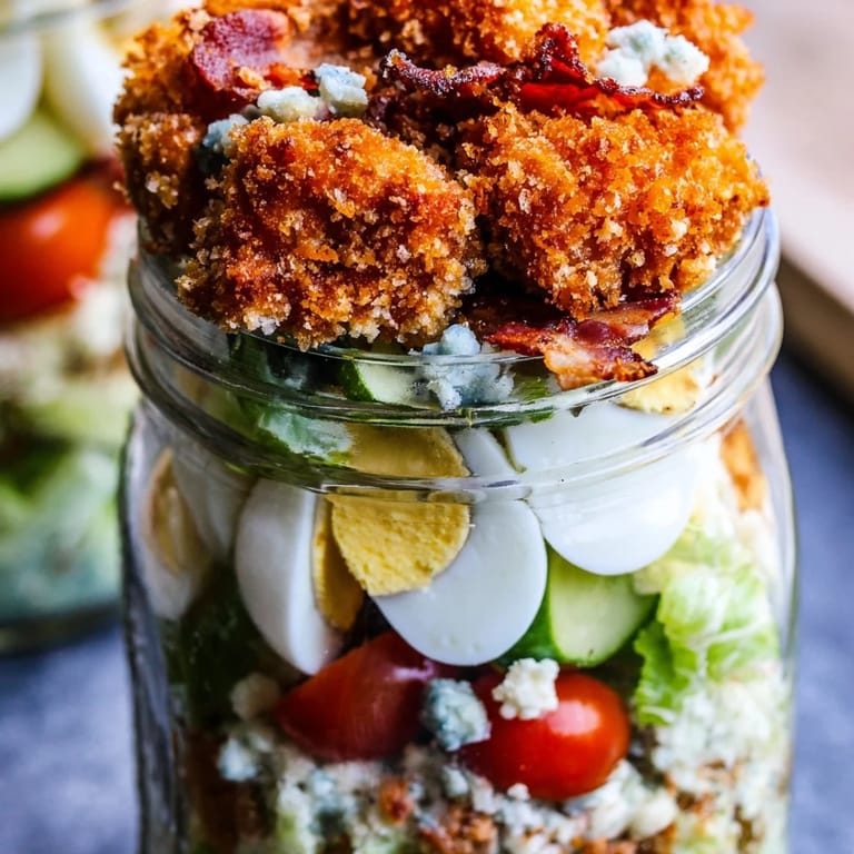 Mason jar of Crispy Chicken Cobb Salad with chicken, bacon, and veggies.