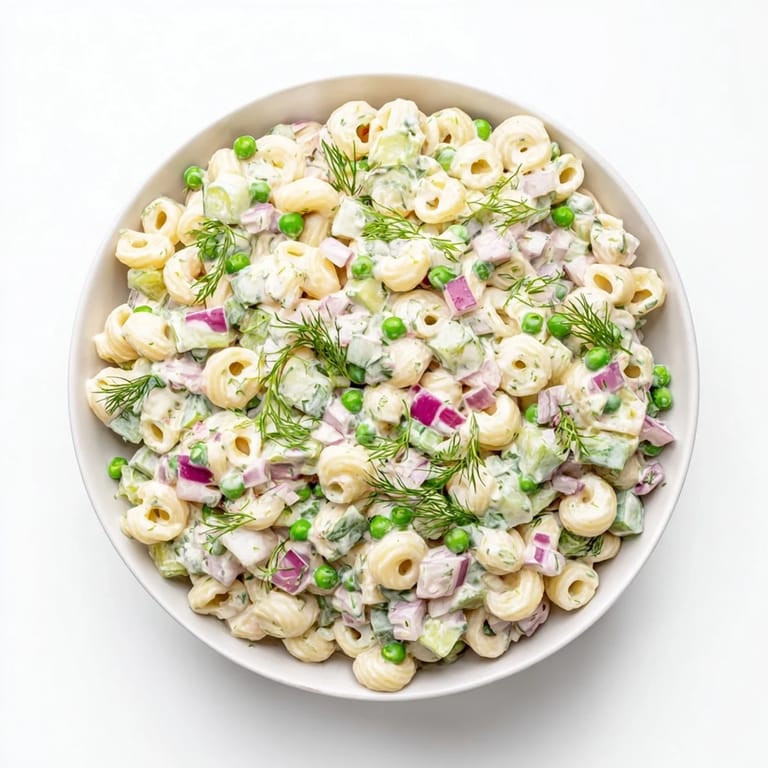 A chilled Creamy Dill Pickle Pasta Salad with a creamy dressing, crunchy celery, and tender pasta perfect for a side dish.