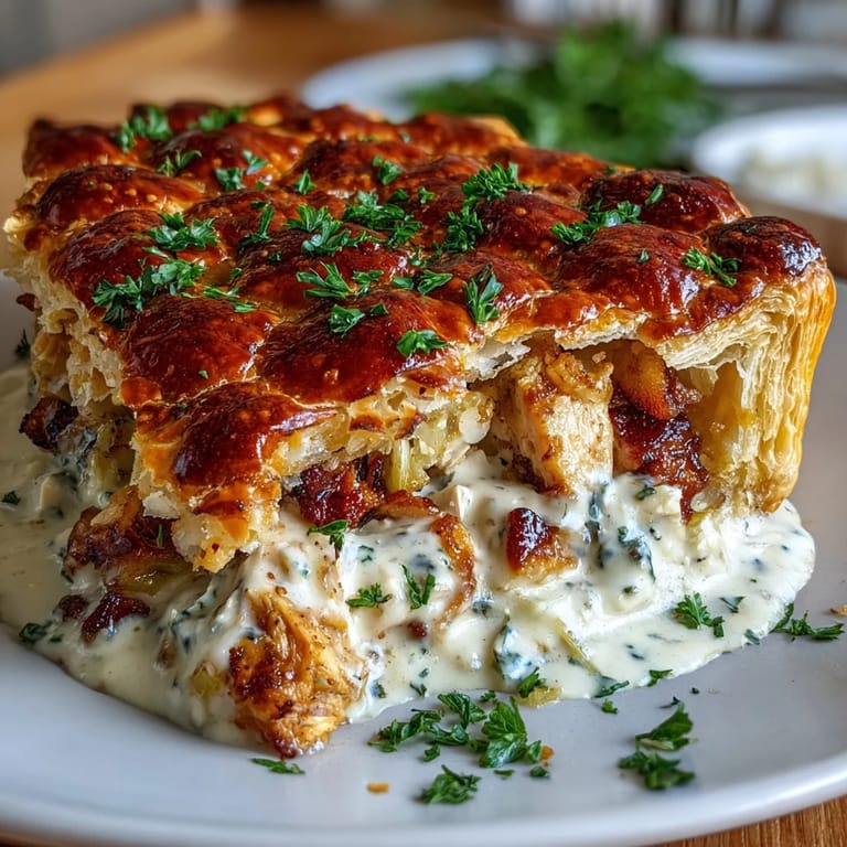 Sliced Chicken and Leek Pie reveals a rich, savory filling of leeks, carrots, and chicken beneath a golden, buttery crust.