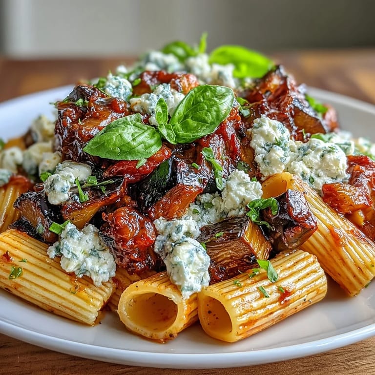Serving suggestion for Pasta Alla Norma with al dente rigatoni, savory roasted eggplant, and a tangy tomato basil sauce, finished with grated ricotta salata cheese.