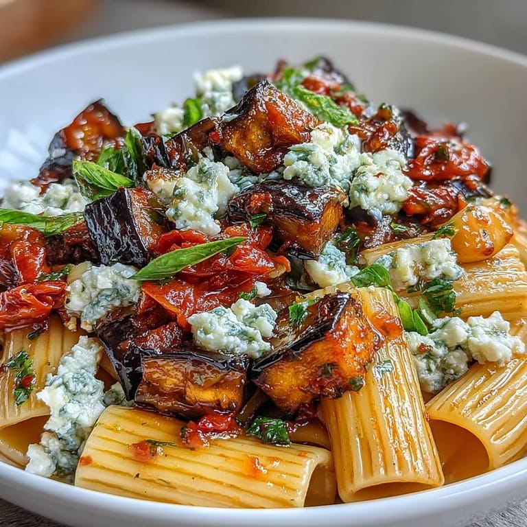 A hearty bowl of Sicilian Pasta Alla Norma features rigatoni tossed with tender eggplant, rich tomato sauce, and a generous sprinkle of salty ricotta salata.  