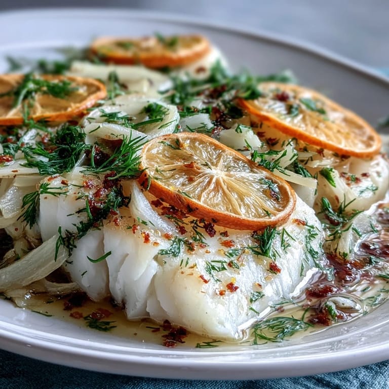 Lively Mediterranean poached cod with fennel and orange, steaming gently in an aromatic broth beside bright orange slices.