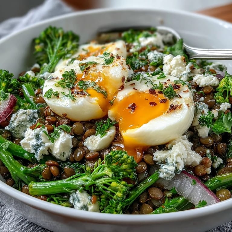 A close-up of French Lentil Salad With Broccolini and Soft-Cooked Eggs drizzled with Dijon vinaigrette.