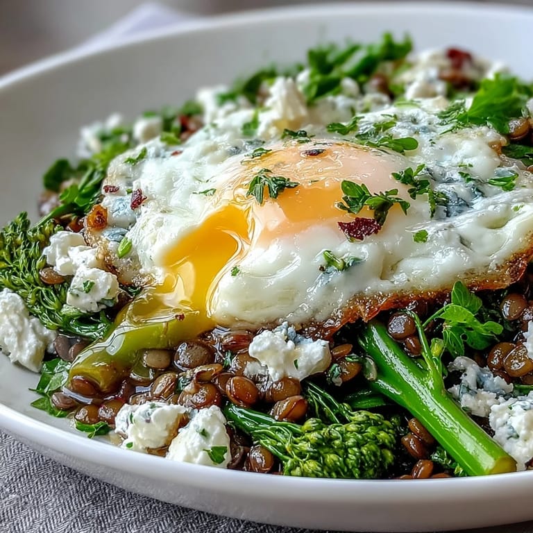 Hearty French Lentil Salad With Broccolini and Soft-Cooked Eggs plated with crumbled goat cheese and parsley.