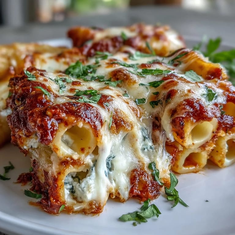 A serving of Freezer Make-Ahead Baked Ziti rests beside fresh basil and a side of garlic bread.