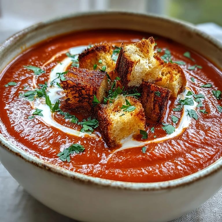 Roasted red pepper soup with creamy texture, garnished with croutons and herbs, ready to serve.