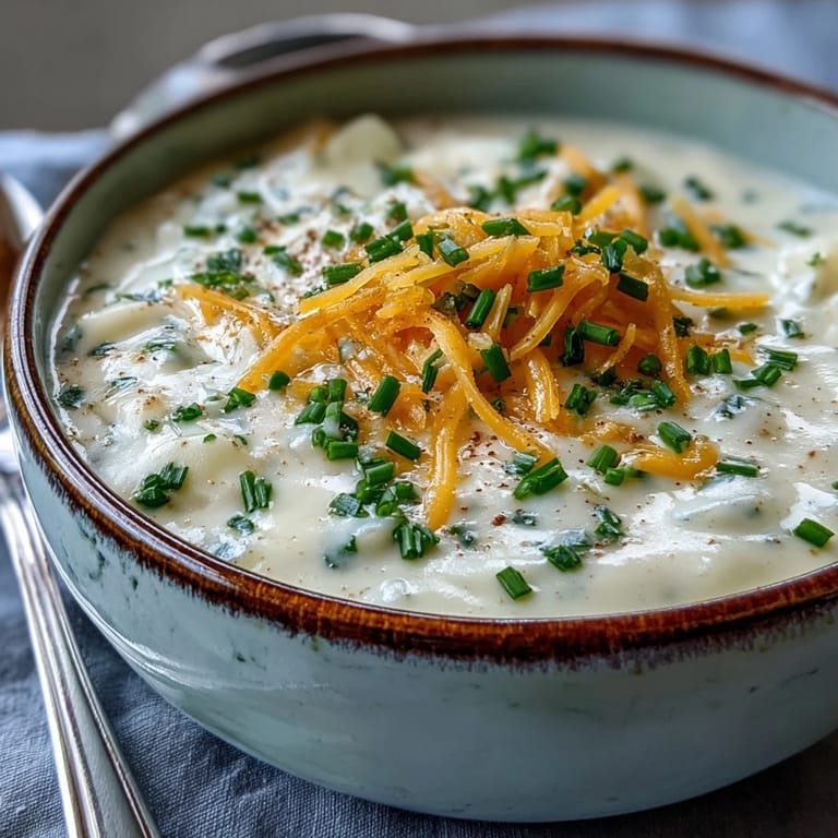 A comforting bowl of Cream of Potato Soup with crusty bread for dipping, perfect for a cozy meal.