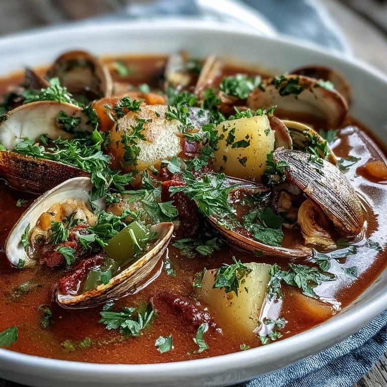 Chunky Manhattan Clam Chowder in a white bowl with diced potatoes and carrots visible, oyster crackers sprinkled on top.