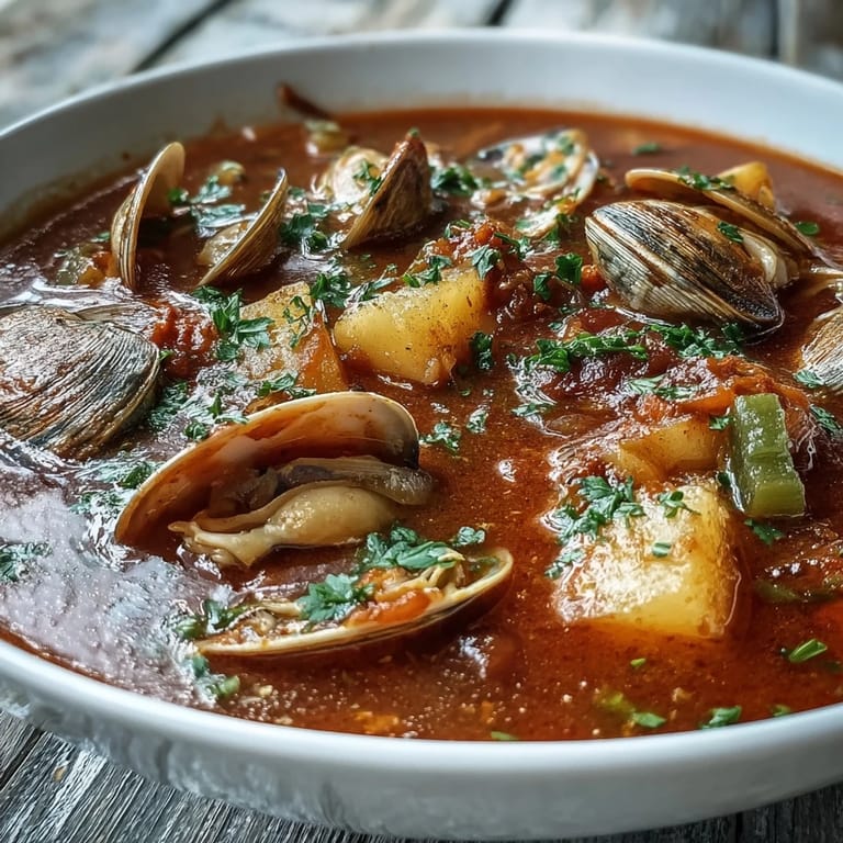 A ladle of tomato-based Manhattan Clam Chowder being served from a Dutch oven, filled with tender clams and vegetables.
