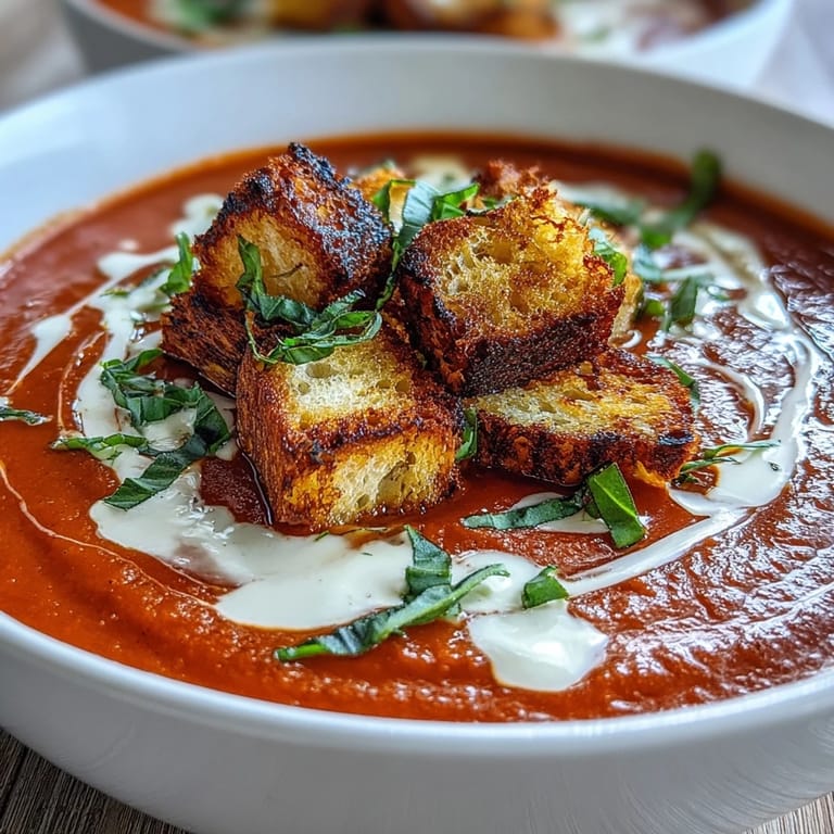 Homemade croutons add a golden crunch to a bowl of Creamy Roasted Tomato Soup, perfect for dipping with a grilled cheese sandwich.