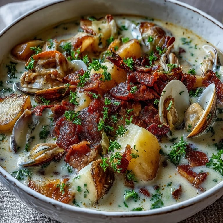Freshly ladled New England Clam Chowder served with crusty bread and butter on the side.
