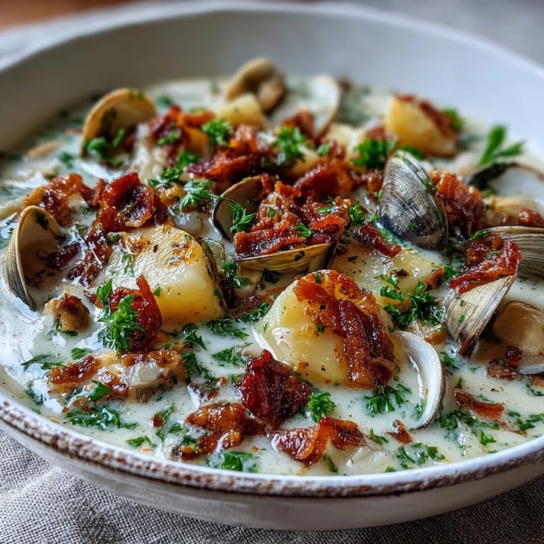 Steaming pot of New England Clam Chowder with diced potatoes, celery, and crispy bacon bits.