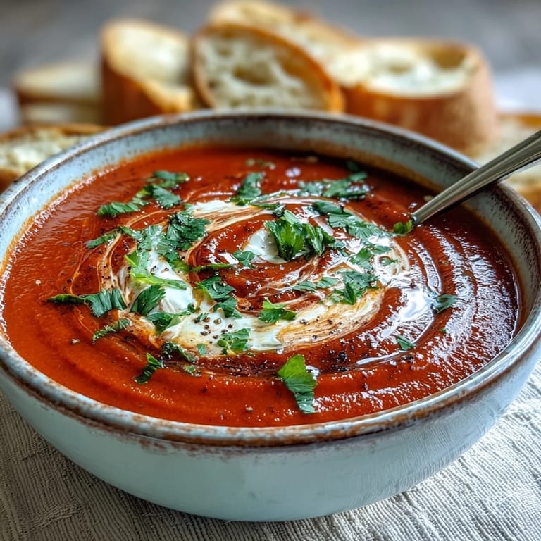 Vibrant roasted red pepper soup in a rustic bowl, topped with a swirl of yogurt and herbs.