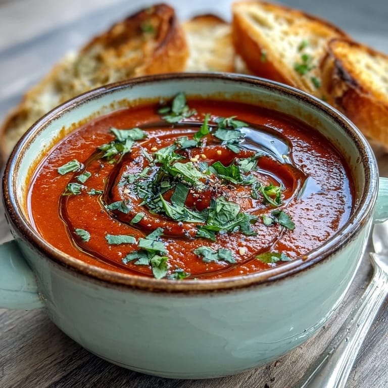 Silky, golden-orange roasted red pepper soup, garnished with parsley and served beside crusty bread.